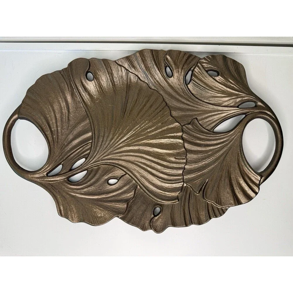 Decorative Ginkgo Leaf Serving Tray Bronze Copper Tone Metal Cutout Handles 16”